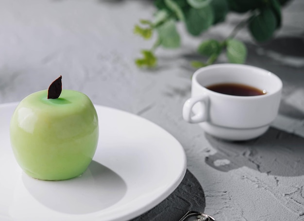 apple shaped mousse cake and tea