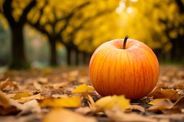 an apple sits on the ground surrounded by fallen leaves