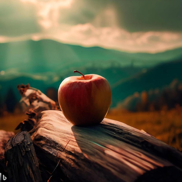 An apple sits on a log in the countryside