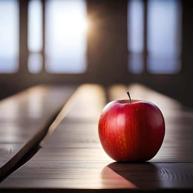 An apple sits on a table in front of a window