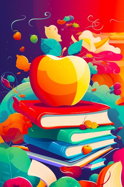 Foto apple seduta in cima a una pila di libri in cima al tavolo ia generativa