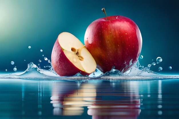 Apple slices in water with a blue background