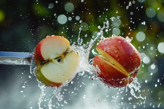 apple slices with knife and water drops and splashes on natural background