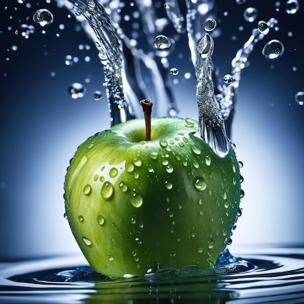 An apple in a splash of water closeup