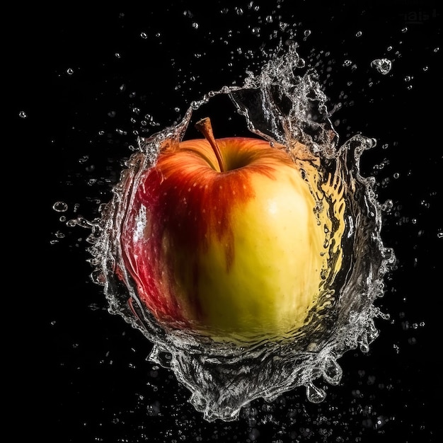 Apple in the splash of water on isolated black background