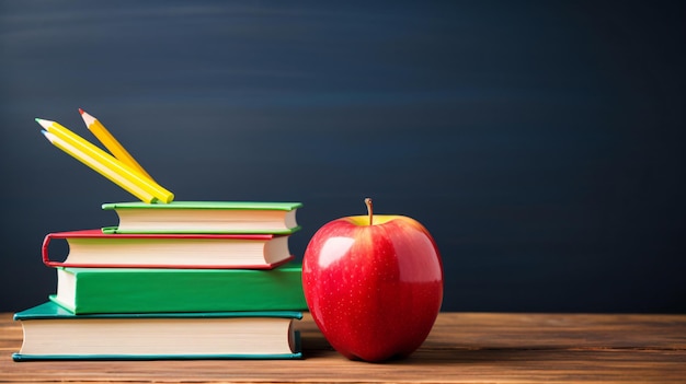 Apple on stack of books with pencils