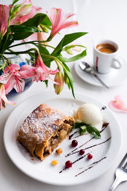 Apple strudel with ice cream