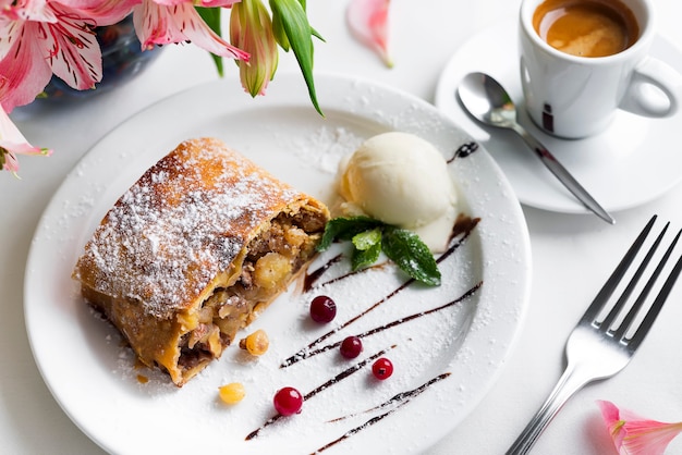 Apple strudel with vanilla ice cream