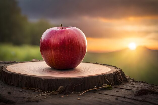 an apple on a stump with the sun setting behind it