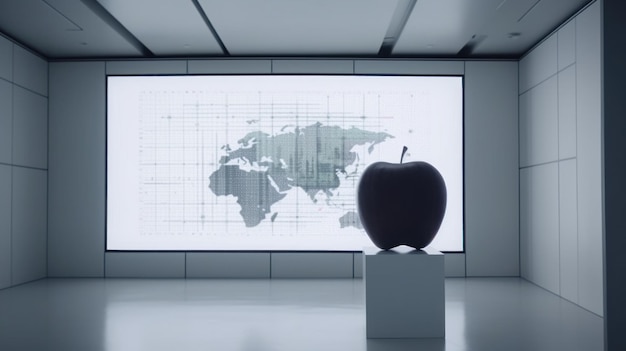 Apple symbol on the podium in front of world map Gray colors