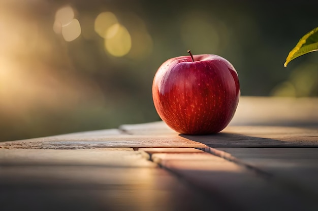 an apple on a table with the sun behind it.