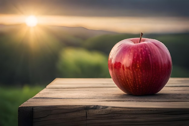 an apple on a table with the sun behind it