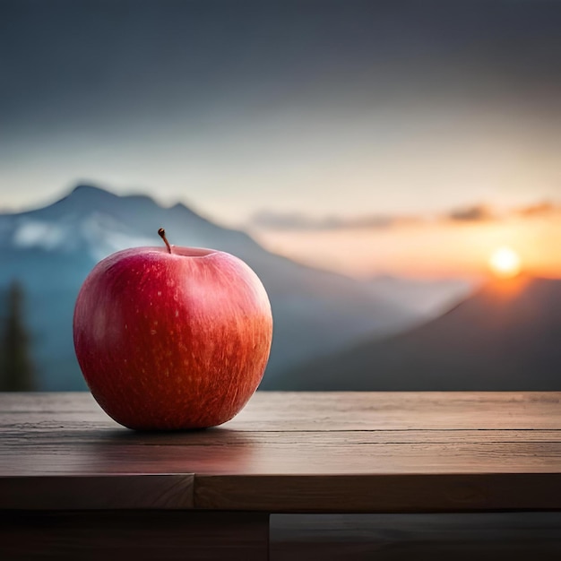 An apple on a table with a sunset in the background