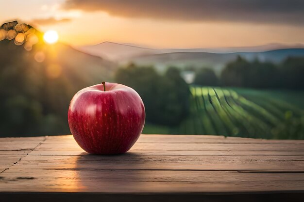 An apple on a table with a sunset in the background
