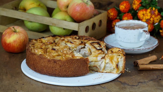 Apple tart or pie witn cinnamon, on the wooden old background, copyspace