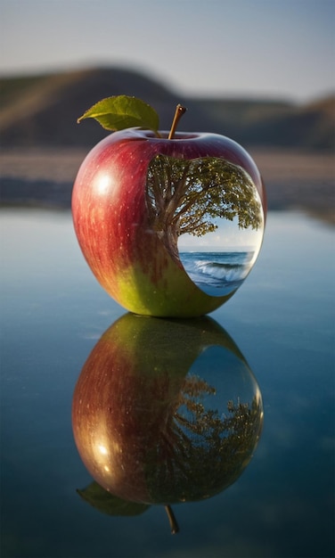 a apple that has a leaf on it