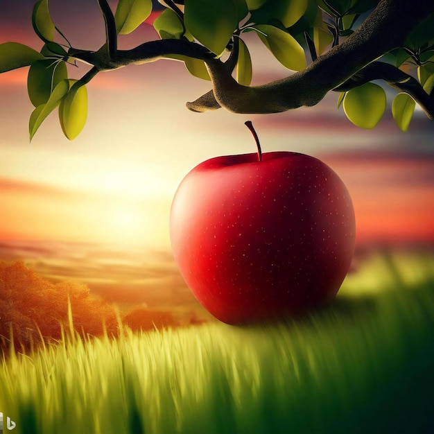 An apple on a tree branch in a grassy field at sunset
