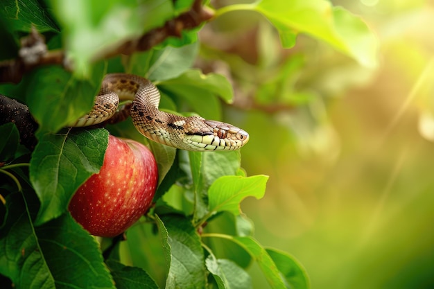 Яблоневое дерево с змеей в нем рядом с красным яблоком, символизирующим первородный грех