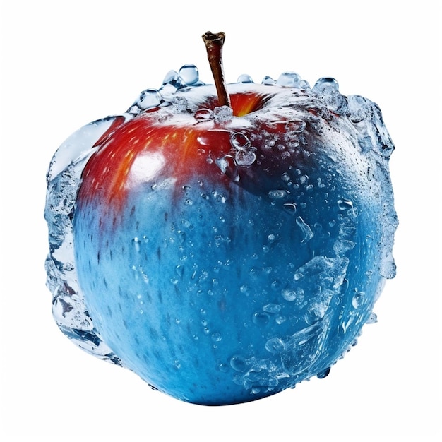 An apple with blue paint and a splash of water