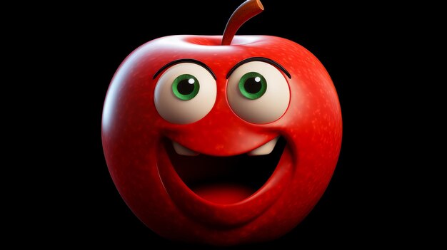 黒い背景に 3D 写真を描いた 陽気な顔のリンゴ