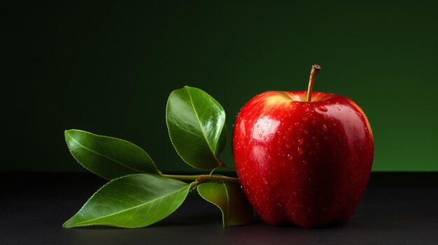 An apple with a green leaf and a red apple