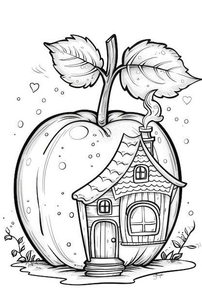 An apple with a house inside of it coloring book for kids