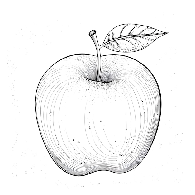 Photo an apple with a leaf on it is drawn in black and white.