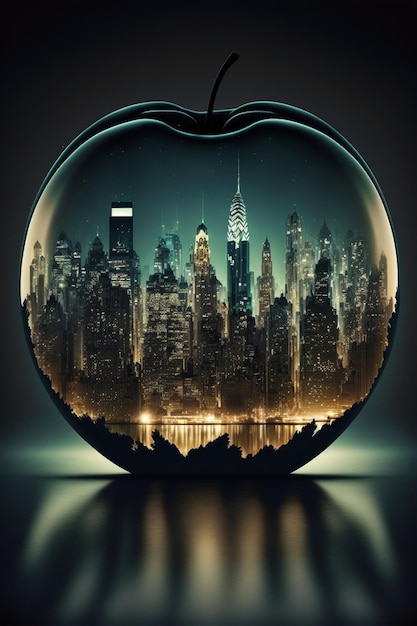 An apple with a picture of a city inside of it generative ai