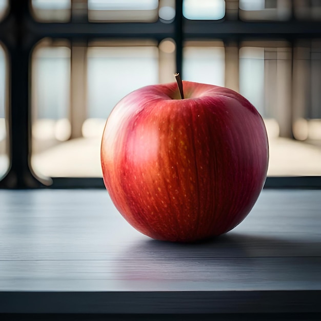 An apple with a red apple on a table