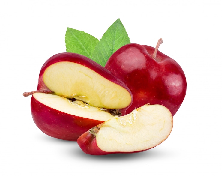 Photo apple with slice on white table. 