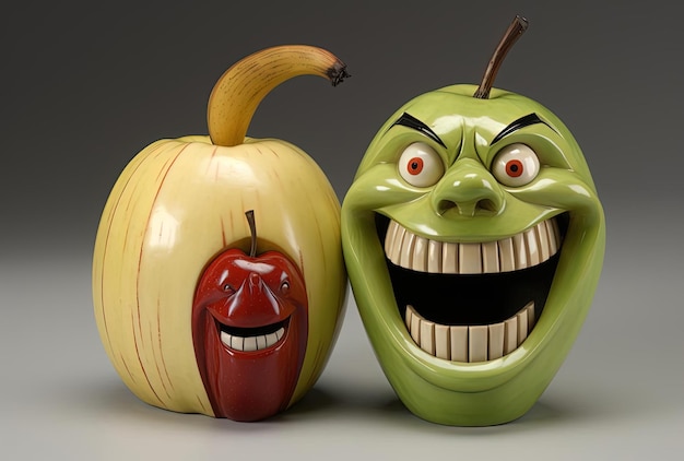an apple with teeth banana slices and an apple slice in the style of haunting figuratives