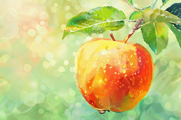an apple with water drops on it and a green background