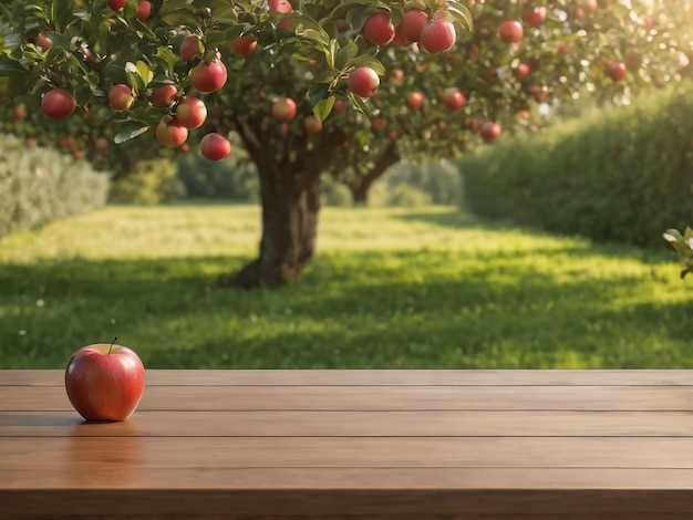 木のテーブルの果物製品の上のリンゴ