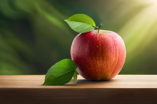 An apple on a wooden table with a green background