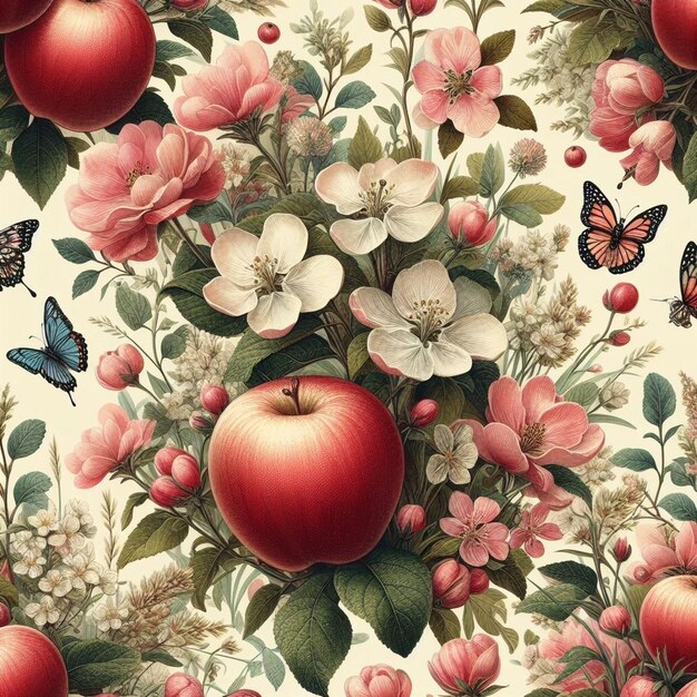 写真 リンゴと草原のハーブ 縫合なしのパターン 織物 縫合ないパターンデザイン