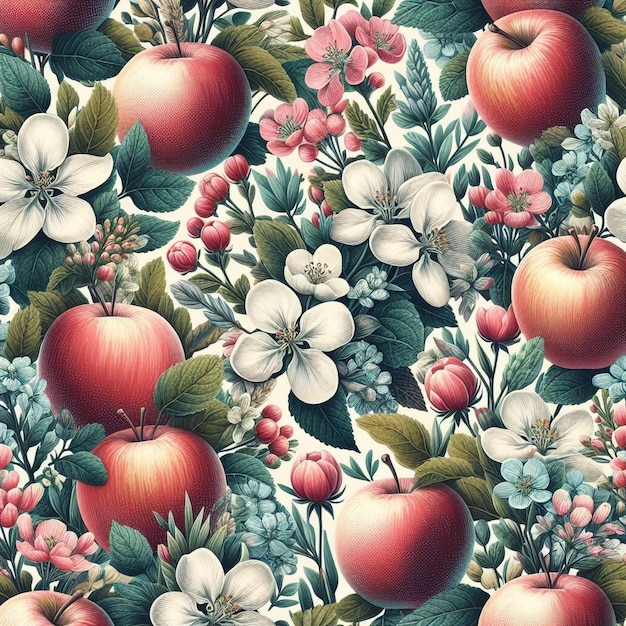 写真 リンゴと草原のハーブ 縫合なしのパターン 織物 縫合ないパターンデザイン