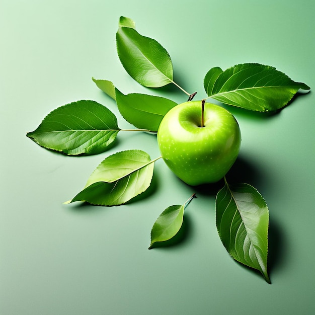 Apples and apple pieces on the green gradient and white background with leaves high quality