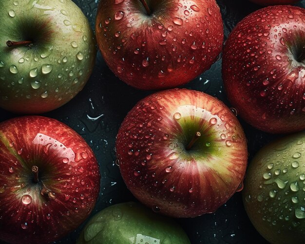 사진 사과는 물방울이 있는 어두운 표면에 있습니다.