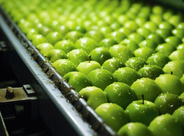 Apples are sorted on a conveyor belt in a fruit at a factory