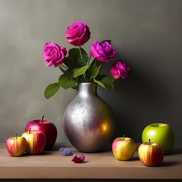 Apples in Ball Near Flowers in Vase