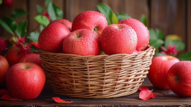 Apples in basket on brown wooden background