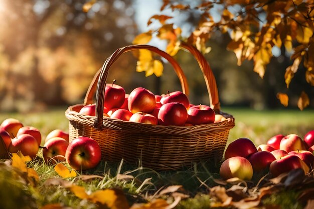 Apples in a basket on the grass with autumn leaves