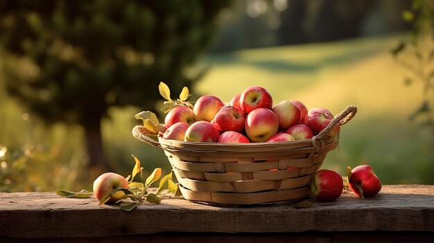 Apples in a basket outdoor sunny background autumn garden