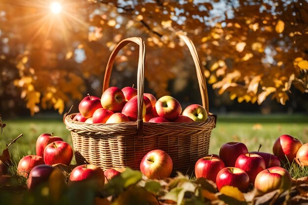 Apples in a basket on a sunny autumn day