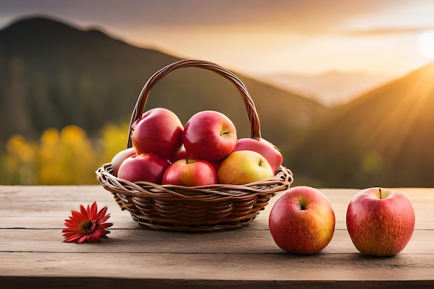 apples in a basket on a table with mountains in the background.