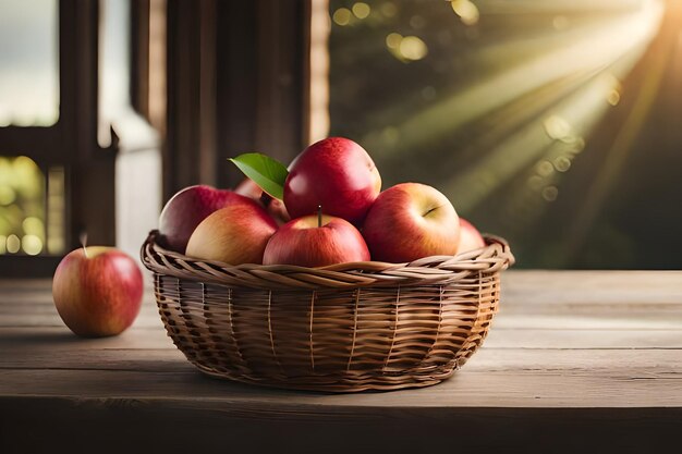 apples in a basket on a table with sun rays behind them.