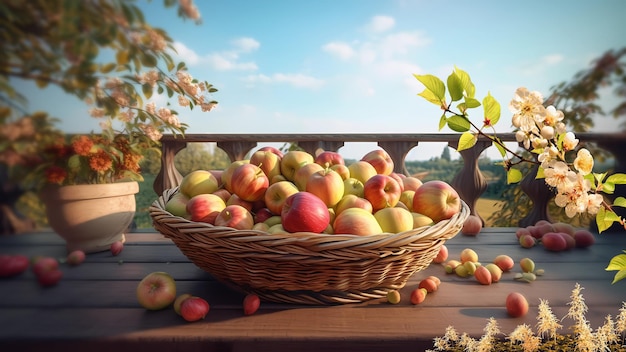 テーブルの上のバスケットに入ったリンゴ