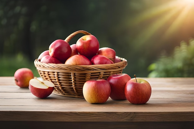 apples in a basket with sun rays in the background