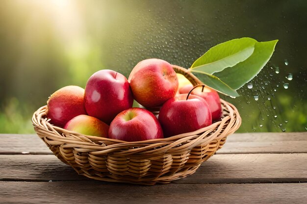 Apples in a basket with water drops on the background