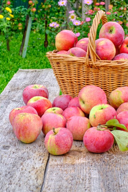 Apples in a basket on a wooden table